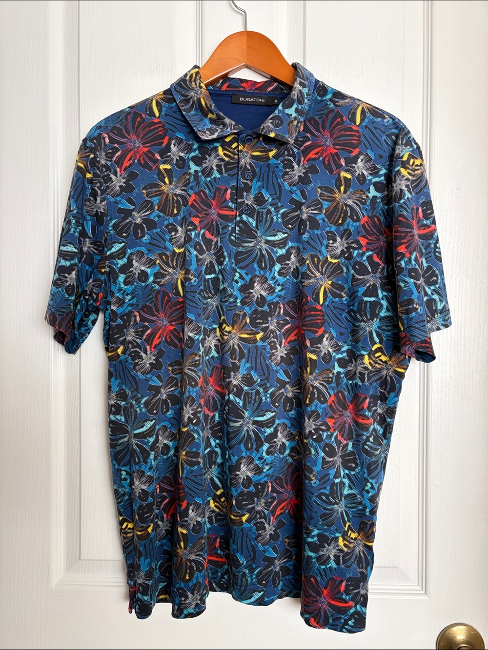 Bugatchi Multicolor Floral Polo — Navy Base with Blue, Red & Yellow Accents